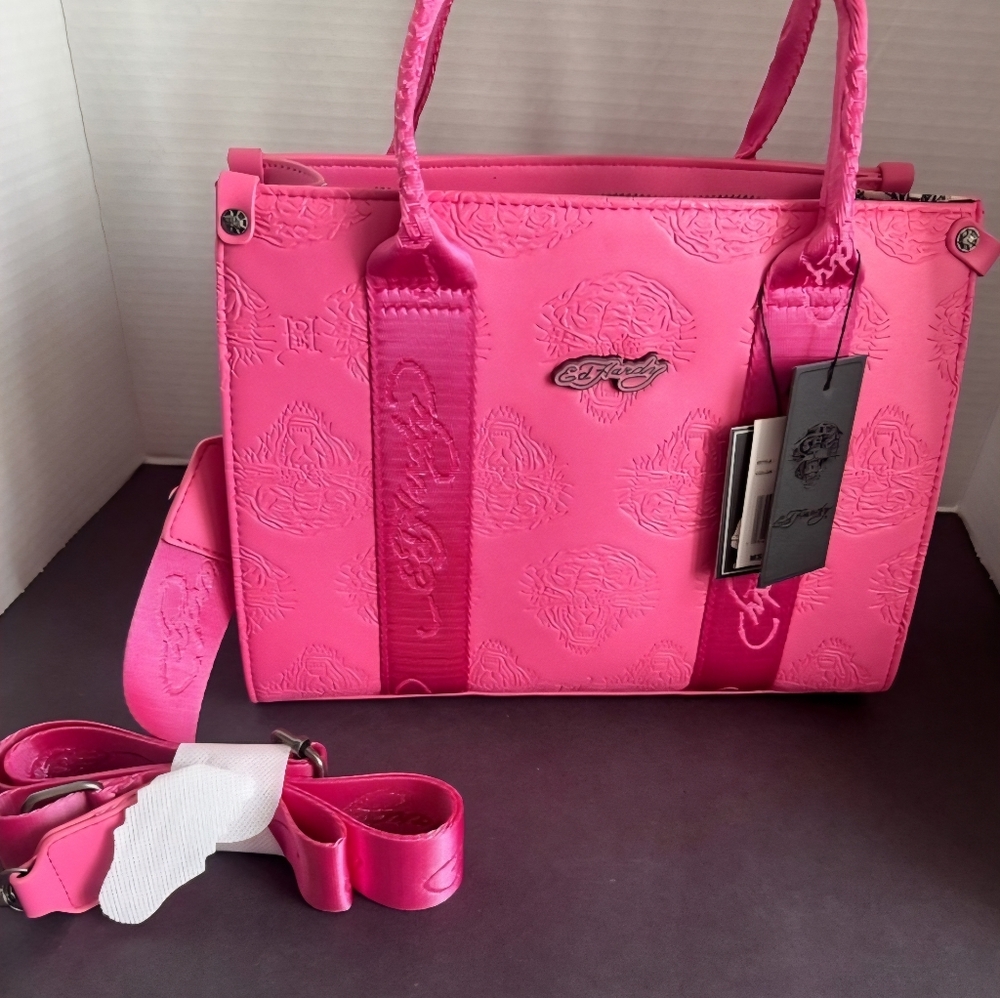NWT Ed Hardy Bright Pink Embossed Logo Tote Bag Crossbody 2000s Y2K Pop Vibe